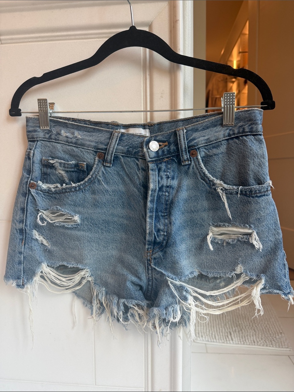 Zara Light Blue Distressed Denim Shorts